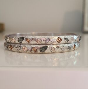 2 Brighton Bejeweled Neutral Tone Crystal Silver Plated Bangle Bracelets